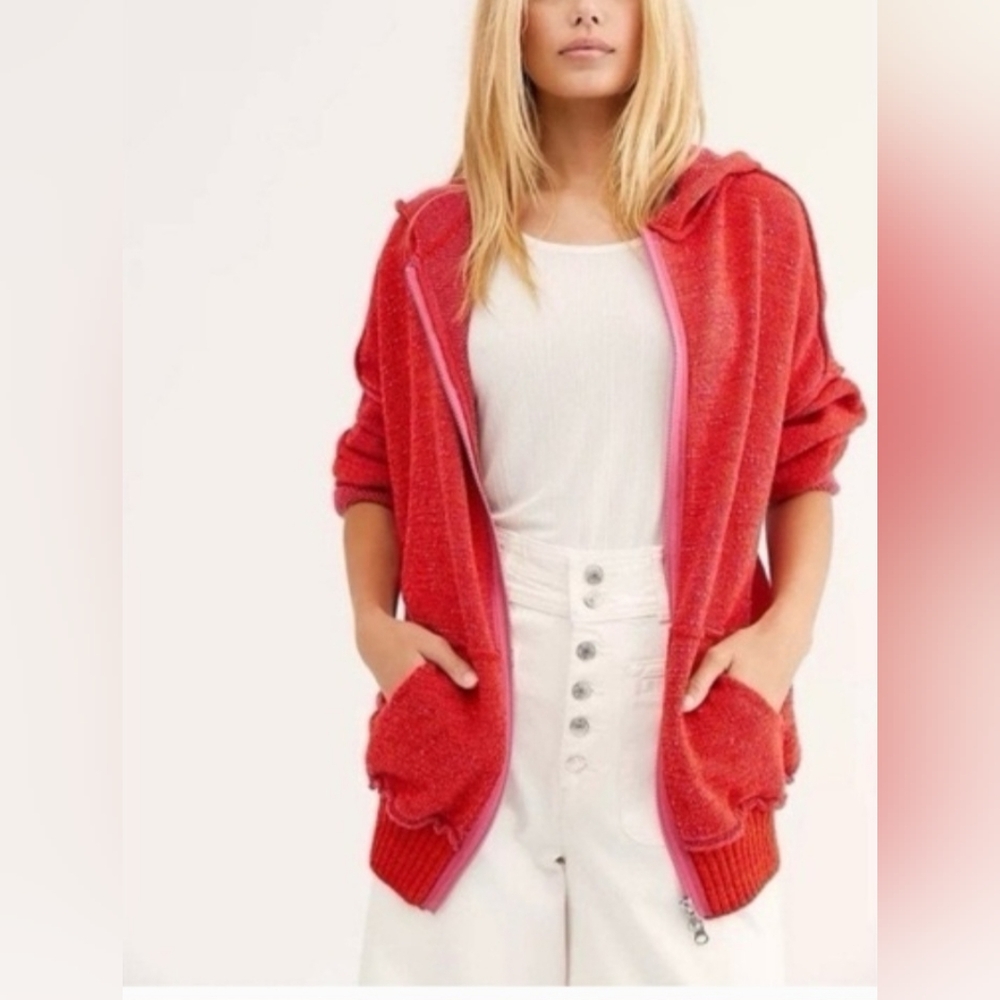 Free People Vibrant Red Hooded Cardigan